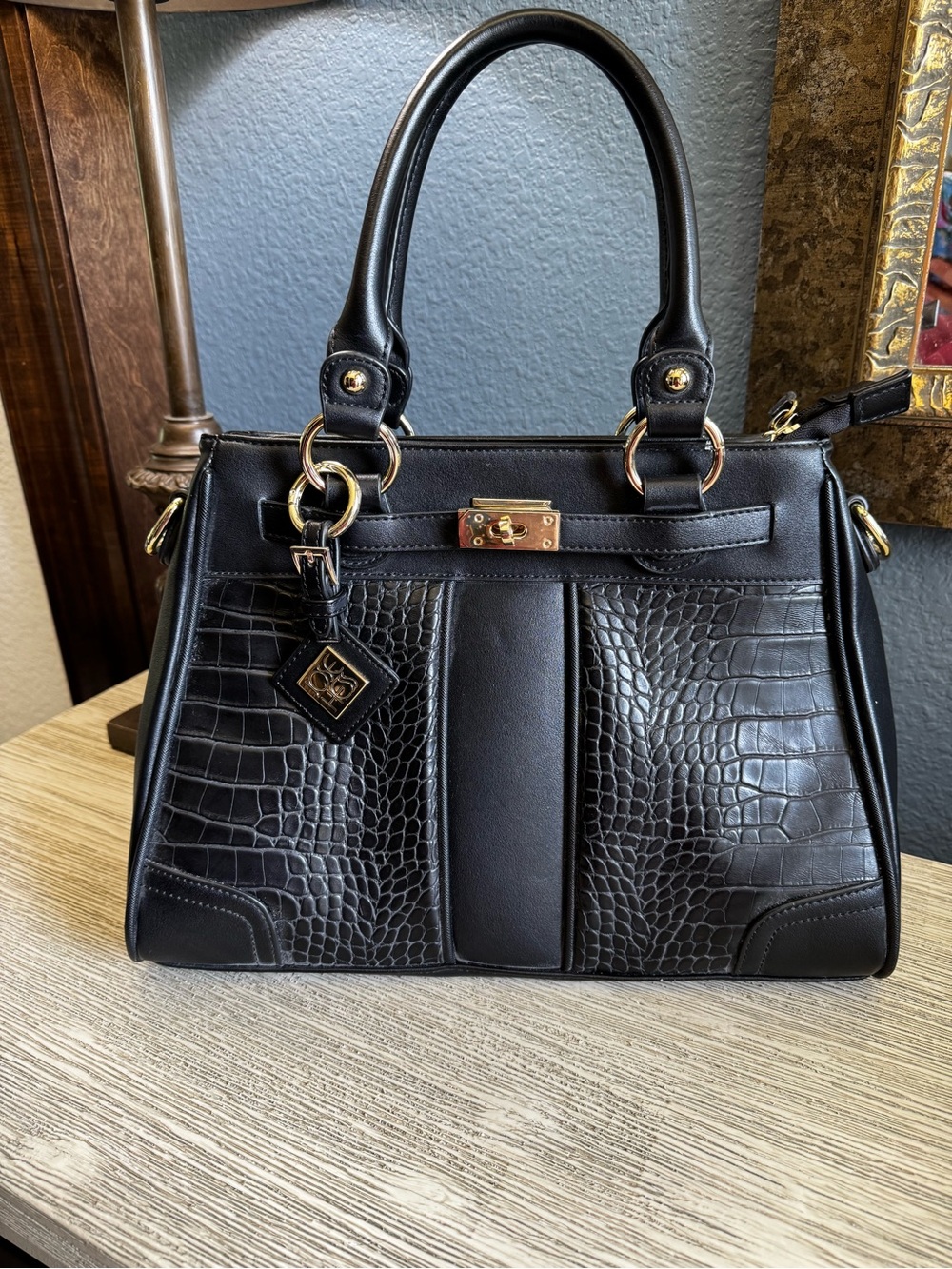 Jose Hess Classic Black Croc-Textured Top-Handle Satchel by